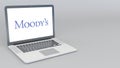 Opening and closing laptop with Moody`s Corporation logo. 4K editorial 3D rendering