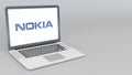 Opening and closing laptop with Nokia logo. 4K editorial 3D rendering Royalty Free Stock Photo