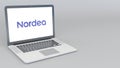 Opening and closing laptop with Nordea Bank AB logo. 4K editorial 3D rendering