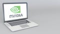 Opening and closing laptop with Nvidia logo. 4K editorial animation