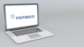 Opening and closing laptop with Pepsico logo. 4K editorial animation