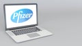 Opening and closing laptop with Pfizer logo. 4K editorial animation