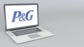 Opening and closing laptop with Procter Gamble logo. 4K editorial animation