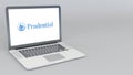 Opening and closing laptop with Prudential Financial logo. 4K editorial animation