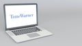 Opening and closing laptop with Time Warner logo. 4K editorial animation