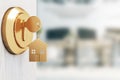 Opening door with golden house key chain on blurry interior background and mock up place for your advertisement. Home purchase Royalty Free Stock Photo