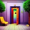 Opening door with golden house key chain on fuzzy interior background and mockup for your advertisement. Homebuying idea Royalty Free Stock Photo