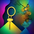 Opening door with golden house key chain on fuzzy interior background and mockup for your advertisement. Homebuying idea Royalty Free Stock Photo