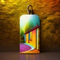 Opening door with golden house key chain on fuzzy interior background and mockup for your advertisement. Homebuying idea Royalty Free Stock Photo