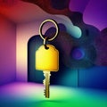 Opening door with golden house key chain on fuzzy interior background and mockup for your advertisement. Homebuying idea Royalty Free Stock Photo