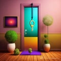 Opening door with golden house key chain on fuzzy interior background and mockup for your advertisement. Homebuying idea Royalty Free Stock Photo