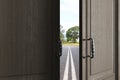 Opening door with spring road view