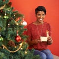 Opening the first gift. Portrait of an attractive young woman opening her present by the Christmas tree. Royalty Free Stock Photo