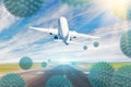 Opening flights between countries, end quarantine of the pandemic world planet. Plane take off from runway in the sunny sky