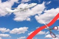 Opening Flights After COVID-19 Quarantine Concept. Scissors Cutting Red Ribbon in Front of Blue Cloudy Sky with White Modern