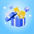 Opening gift box surprise, discount coupon, voucher, gift in open gift box. Earn point concept, loyalty program and get Royalty Free Stock Photo