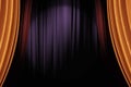 Gold and red stage curtains in dark theater for a live performance background Royalty Free Stock Photo