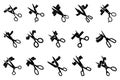Opening icons. Set of different opening icons. Simple scissors and ribbon signs. Black opening mask icons