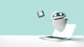 Opening laptop and flying robot with Ai processor on blue background. 3d render