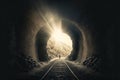 Opening of a large dark tunnel with railway tracks leading out, tiny human silhouette and rays of light. Generative AI