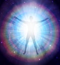 Man universe, meditation, healing, human body energy beams Royalty Free Stock Photo