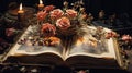 Opening old book on a table with a candle and roses. Generative AI Royalty Free Stock Photo