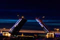 Opening of Palace drawbridge. Night view of Palace bridge from the Neva river in Saint Petersburg, Russia Royalty Free Stock Photo