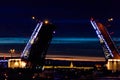 Opening of Palace drawbridge. Night view of Palace bridge from the Neva river in Saint Petersburg, Russia