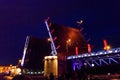 Opening of Palace drawbridge. Night view of Palace bridge from the Neva river in Saint Petersburg, Russia Royalty Free Stock Photo