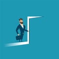 Opening the secret door. Business dilemma. Businessman looking at the rotating business icons. Business illustration. Royalty Free Stock Photo