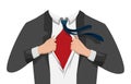 Opening shirt superhero. Office worker or businessman tearing his shirt in flat cartoon style. Business success concept