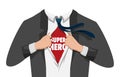 Opening shirt superhero. Office worker or businessman tearing his shirt to show text SUPER HERO in flat cartoon style