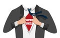 Opening shirt superhero. Office worker or businessman tearing his shirt to show text SUPER UNCLE in flat cartoon style