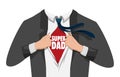 Opening shirt superhero. Office worker or businessman tearing his shirt to show text SUPER DAD in flat cartoon style