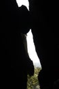 Opening showing sky and trees from inside Yana Caves - Karnataka tourism - India adventure trip - hindu mythology Royalty Free Stock Photo