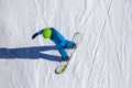 Opening of a ski resort, a young man on a snowboard on a background of mountains. Aerial view Royalty Free Stock Photo