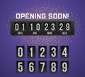 Opening soon flip clock timer countdown, Golden particles on purple background. Website Flip timer template.