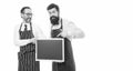 Opening soon. Men bearded bartender or cook in apron hold blank chalkboard. Workers wanted. Bartender with blackboard Royalty Free Stock Photo