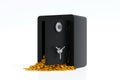 Opening steel safe box with gold coin falling out, security bank safe, 3D rendering