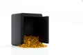 Opening steel safe box with gold coin falling out, security bank safe, 3D rendering