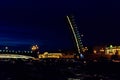 Opening of Trinity drawbridge. Night view of Trinity bridge from the Neva river in St. Petersburg, Russia