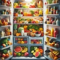 openned refrigerator with white shelves and food on it Royalty Free Stock Photo
