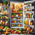 openned refrigerator with white shelves and food on it Royalty Free Stock Photo