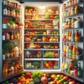 openned refrigerator with white shelves and food on it Royalty Free Stock Photo