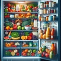 openned refrigerator with white shelves and food on it Royalty Free Stock Photo