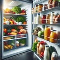 openned refrigerator with white shelves and food on it Royalty Free Stock Photo