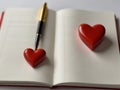 Openning note book white blank page with pen and lovely red ceramic heart shape on white background