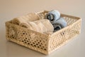 openweave fabric basket with rolledup beach towels inside Royalty Free Stock Photo