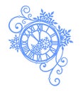 Openwork Christmas and New Year clock with snowflakes and swirls for festive design