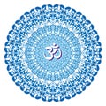 Openwork circular mandala in blue colors. Aum / Om sign in the center. Spiritual and sacred symbol